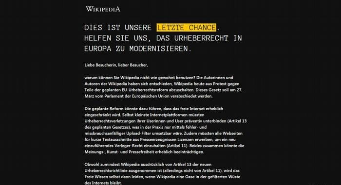 Технологии: Немецкая Wikipedia протестует против новых законов об авторском праве