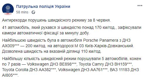 В Патрульной полиции рассказали о скоростных рекордах за сутки. Скриншот: Патрульная полиция Украины в Фейсбук