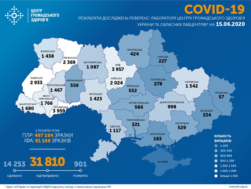 Опубликована карта распространения коронавируса в Украине по областям на 15 июня