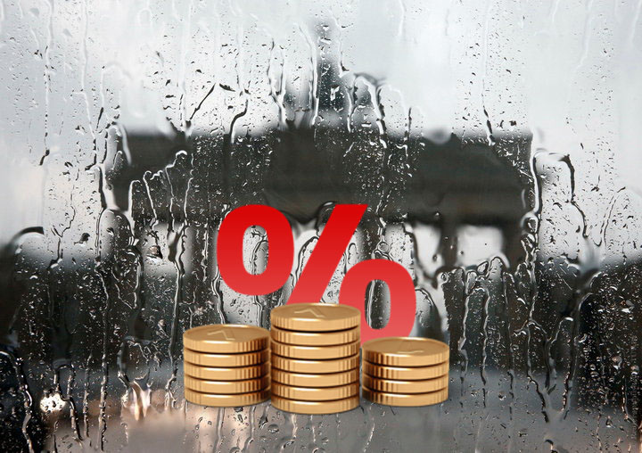 проценты и монеты на фоне бранденбургских ворот